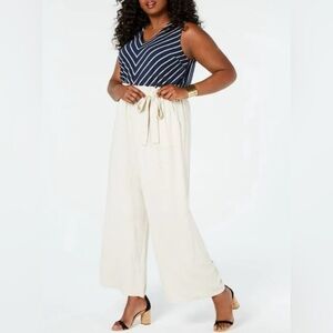 Monteau|Linen blend belted wide leg jumpsuit in Ivory & Stripes•Nautical Beachy